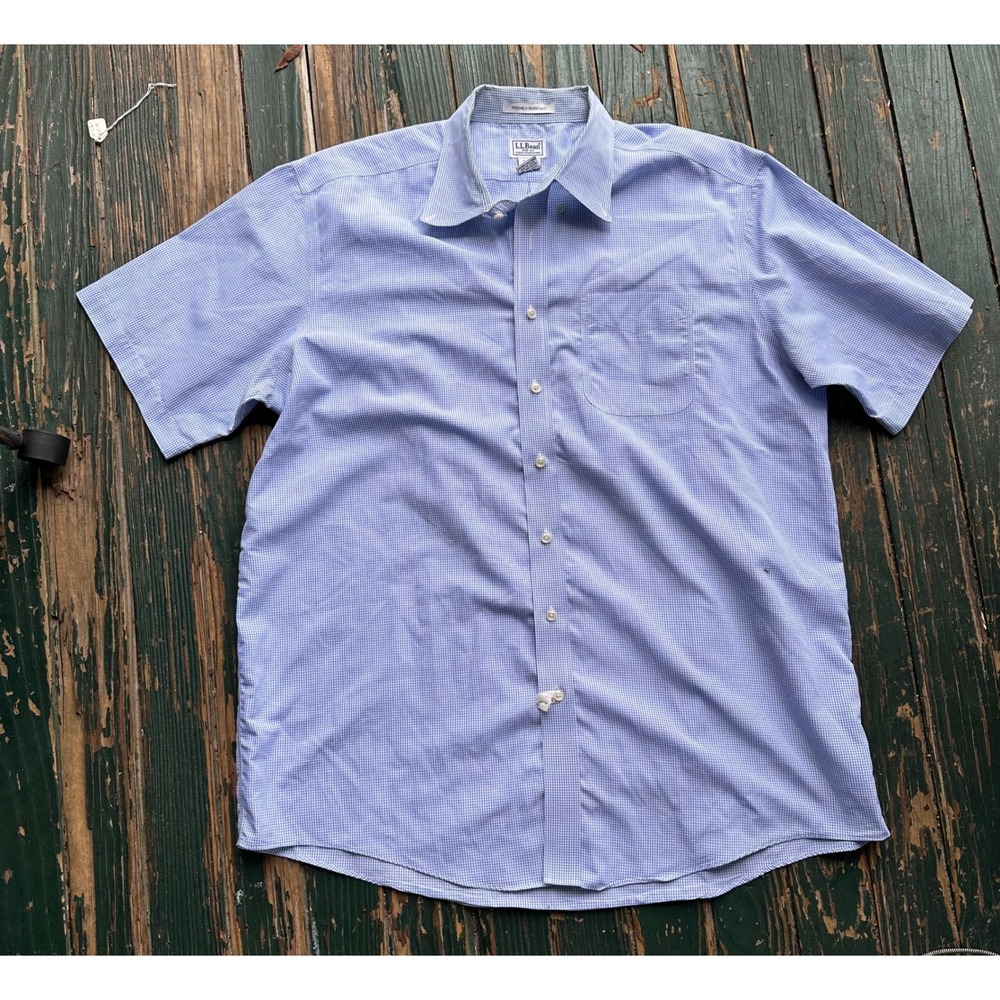 LL Bean Mens XL Tall Wrinkle Resistant Blue Gingham Short Sleeve Button Down